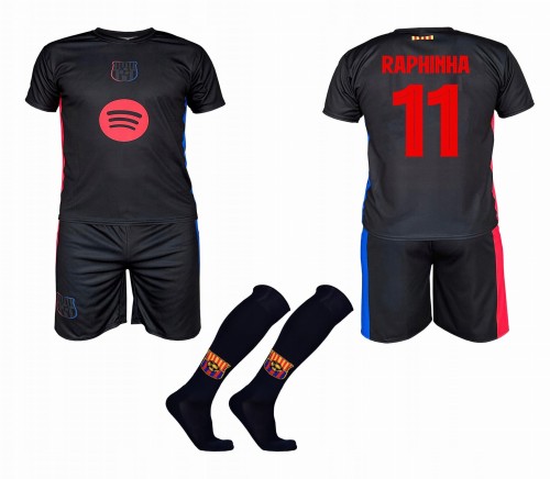 Raphinha Barcelona strój komplet piłkarski sportowy + getry czarny wyjazdowy (1).jpeg