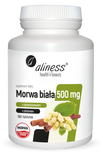 Aliness Morwa biała 41 z cynamonowcem i chromem 500 mg x 180 tabletek.png